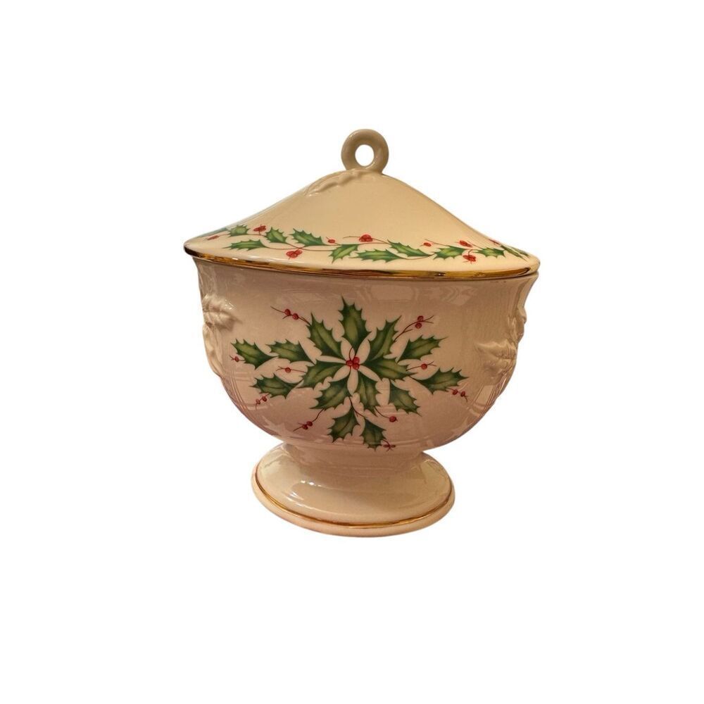 Lenox Covered Holiday Candy Dish Cream Red Green Holly Gold Trim
